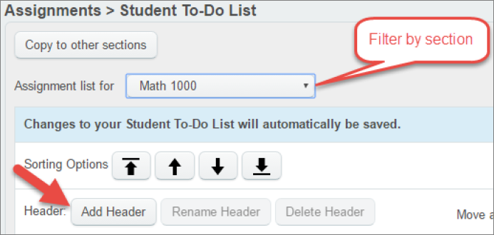 Filter by section using a drop-down menu of assignments and select the button that says add header.