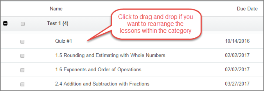 Select an assignment name to drag and drop it within the list of lessons to rearrange the order.