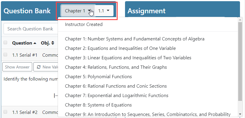 Use the Question Bank drop-down menu to choose a prior lesson.