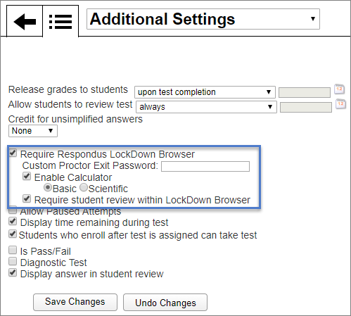 The Additional Settings menu showing the option to require Respondus LockDown Browser.