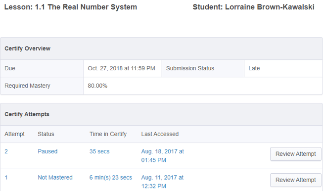 Certify overview for an individual student.
