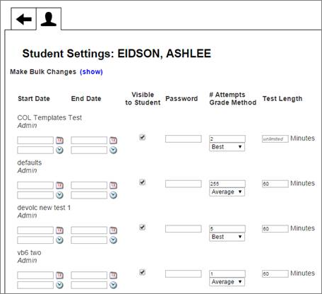 Make bulk changes to WebTest settings for a student on one page