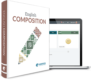 English Composition textbook cover. Student online dashboard within a laptop.