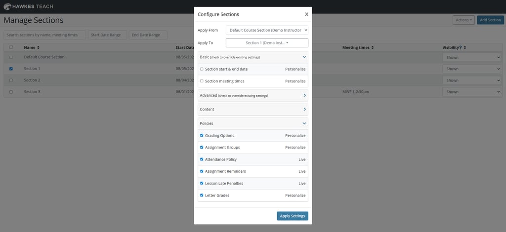 Hawkes configure sections update interface