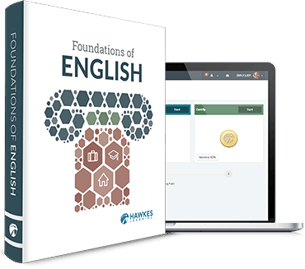 Foundations of English textbook cover. Student online dashboard within a laptop.