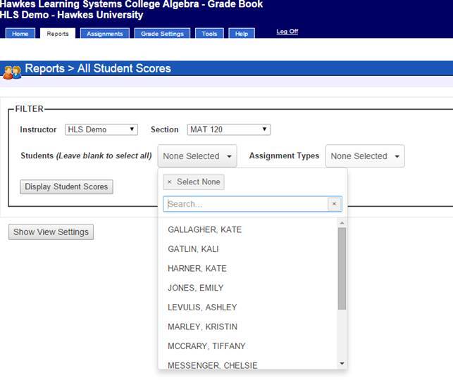 Filters available in the All Student Scores Report