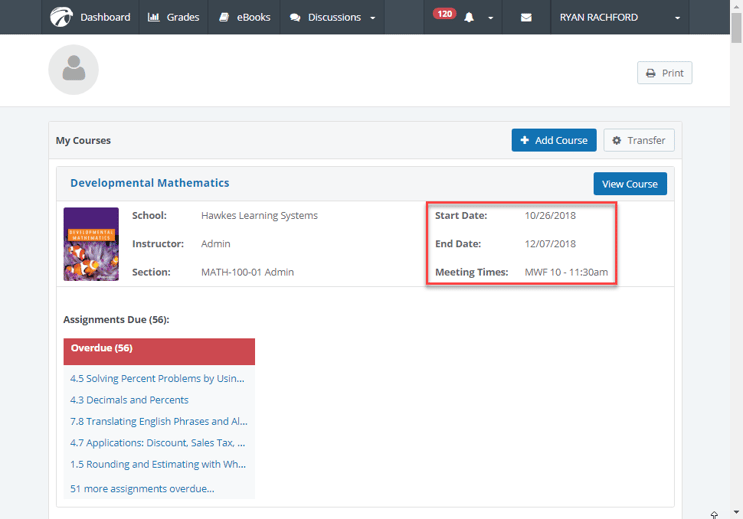 Course dashboard section details example