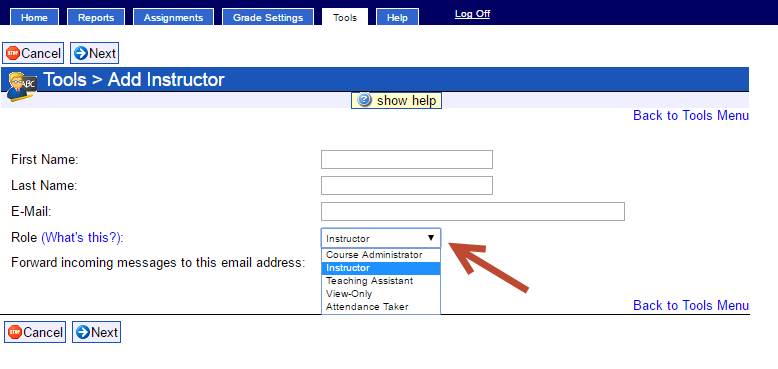A drop-down menu is next to Role and has the options of course administrator, instructor, teaching assistant, view-only, and attendance taker.