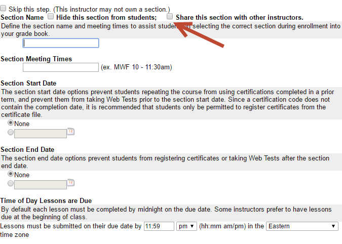 Next to Section name is a check box where an arrow is pointing that says 