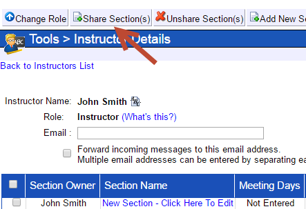 An arrow points to a button at the top called Share Section(s), which is second from the left after a button called Change Role.