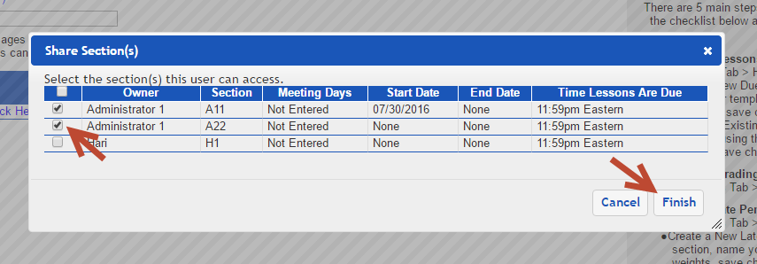 An arrow points to a check box that must be selected next to the owner and section names. Another arrow points to the bottom right button called Finish.