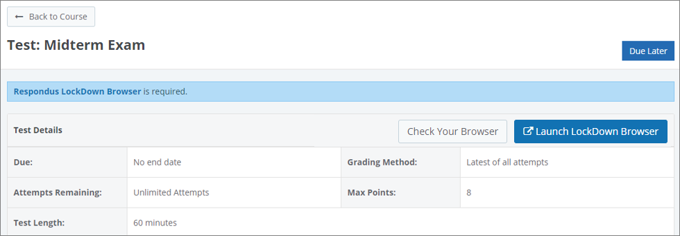 A student WebTest menu showing the message 'Respondus LockDown Browser is required'.