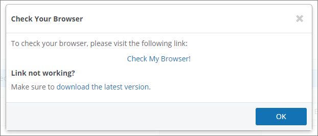 Browser window showing instructions to check your browser with links to do so.