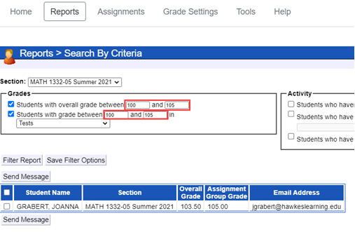 Search by criteria feature allowing grade values over 100 screenshot