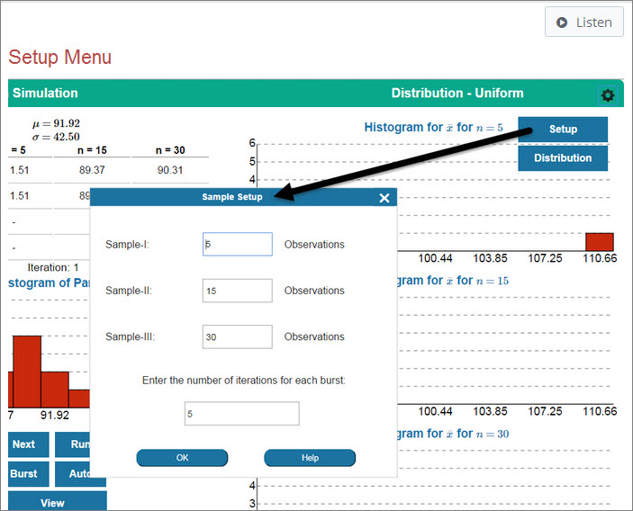 The Learn screens walk students through setting up the Central Limit Theorem simulation.