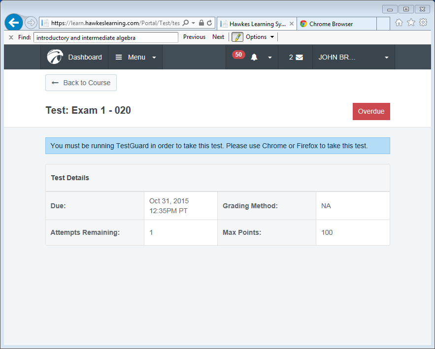 Message instructing students that TestGuard must be running to take the test