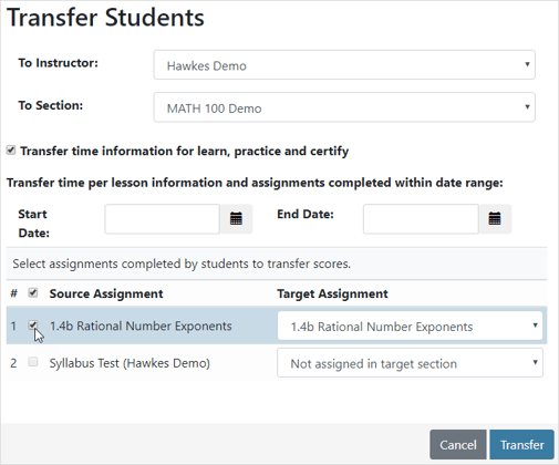 Transfer students to the new section and unselect any old work they have completed before selecting the Transfer button.