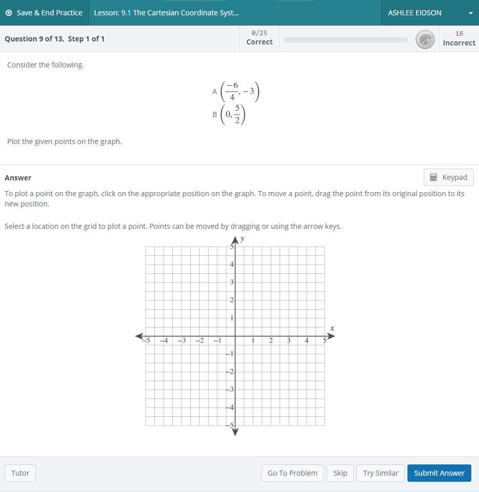 A Practice question in Hawkes is shown on the top half of the screen. The bottom half shows a graph where students plot the points to answer the question. In between the question and answer is just a line, which improves the look and usability of the page.