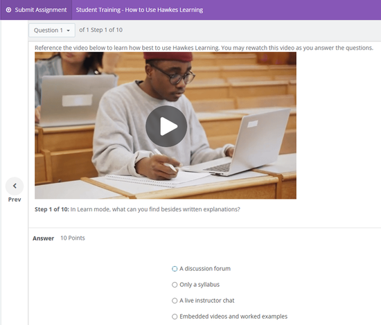 UI screenshot of student training - how to use Hawkes Learning Tutorial Quiz