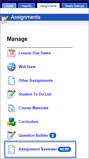 The Assignments tab in the Hawkes Grade Book is shown, with the link to Assignment Reviewer circled.
