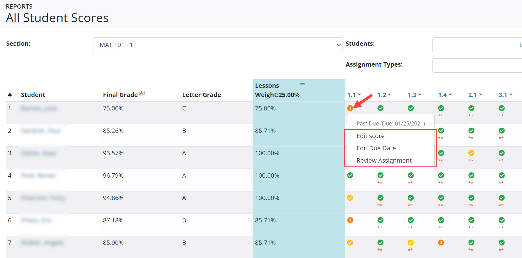 Menu showing options to edit grades and due dates for a student.