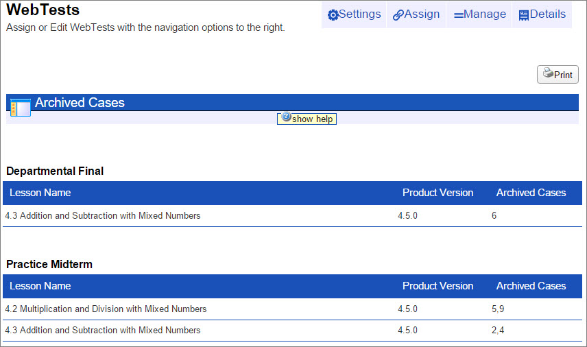 The number of archived cases is listed to the right of the lesson names included in the WebTest.