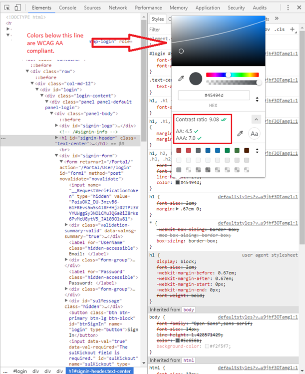 The underlying code behind the sign-in page for Hawkes Learning is displayed. A color swatch is open for the text that was highlighted in the first image. Its contrast ratio is 9.08, and check marks are next to AA: 4.5 and AAA: 7.0 to denote that this level of contrast between text and background is WCAG Level 2.0 AAA compliant.