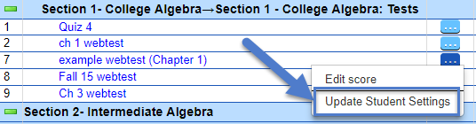 An arrow points to the Update Student Settings option in a drop-down menu next to a hyperlinked WebTest.