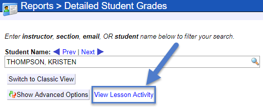 An arrow points to hyperlinked text that says View Lesson Activity.