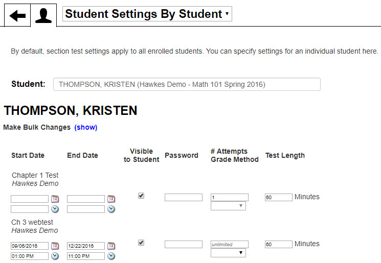 Student settings by student are shown. The data displayed is the student name with the options to make bulk changes and make the following changes to individual WebTests: start and end dates, whether the test is visible to the student, a password option, number of attempts a student can take the test, grading method, and test length.