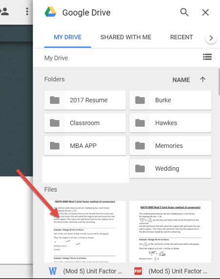 Within Google Drive's My Drive, an arrow points at a Word Document underneath the Files category.