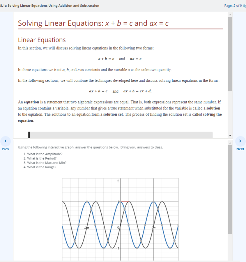 A Hawkes Learn screen is shown with the lesson slide on the top half of the page and an interactive graph at the bottom.