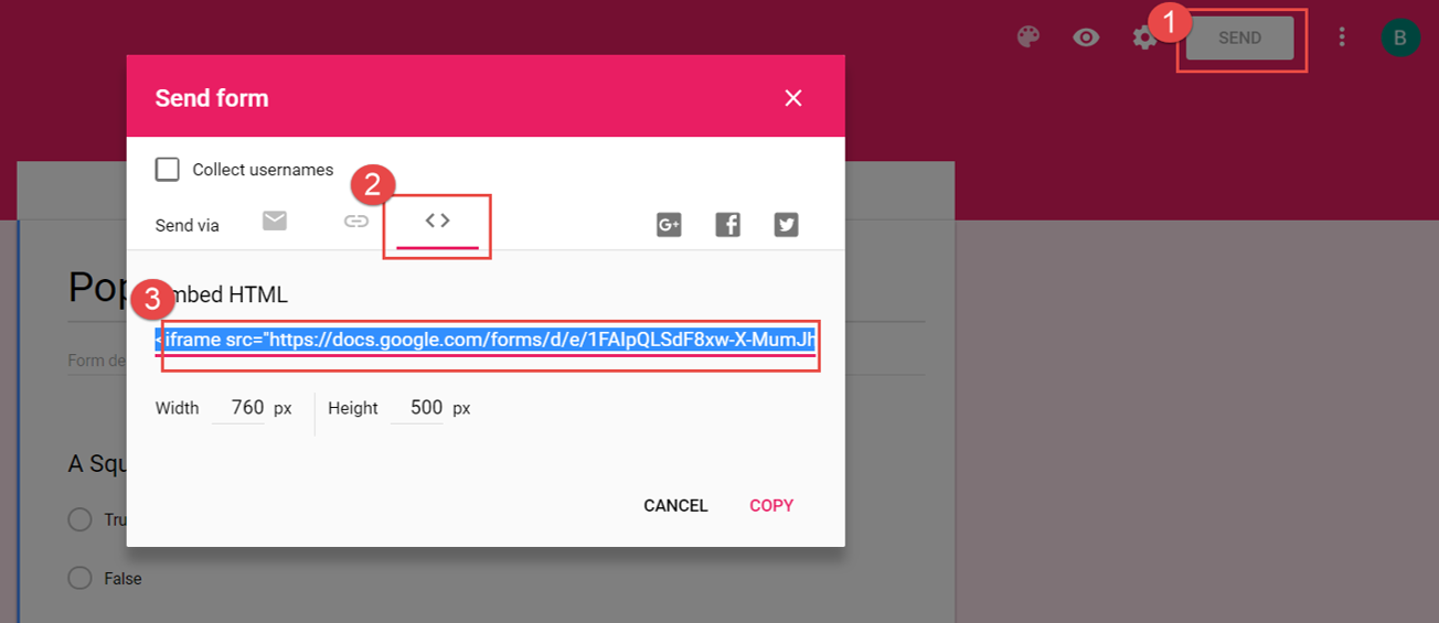 The Send Form in Google Forms is shown. The Embed HTML is highlighted.