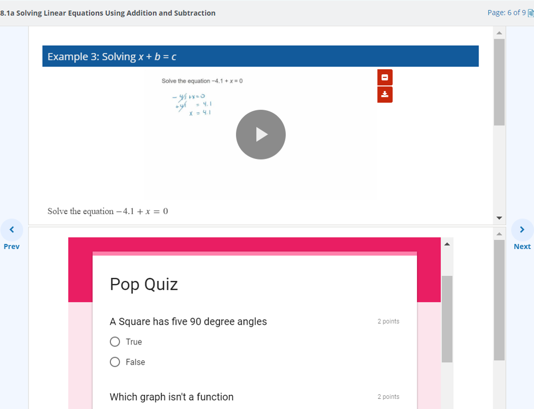 The Hawkes Learn screen is shown with the lesson content at the top of the page and the embedded Google Form at the bottom. The embedded Google Form is called Pop Quiz and asks a true/false question of