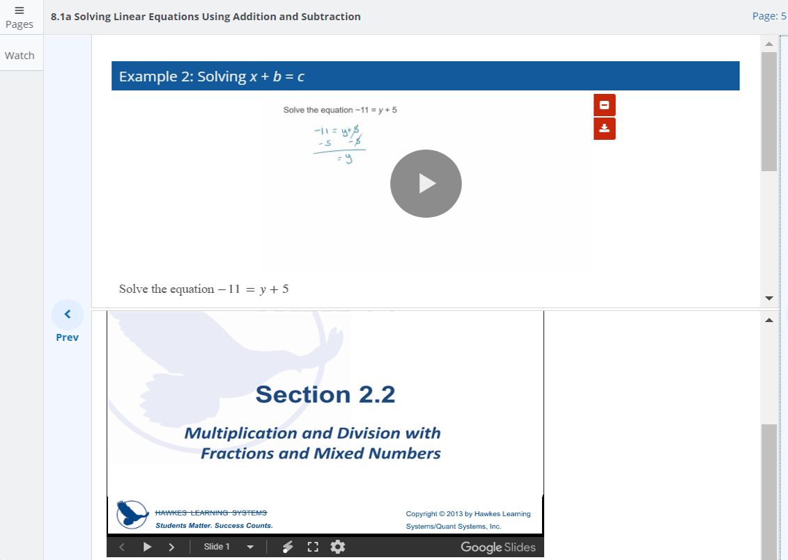 A Hawkes Learn screen is shown with the lesson at the top of the page and the PowerPoint presentation at the bottom.