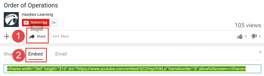 The number 1 is next to the Share button of a video in YouTube. The number 2 is next to the Embed button. Below that, the link to the video is highlighted.