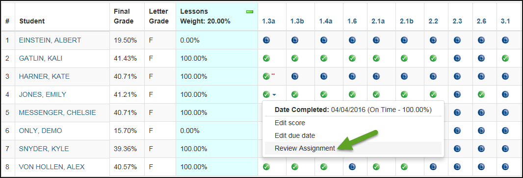 List of student names and lessons opened in a spreadsheet with icons showing completion status. Right-click to see options including Review Assignment.