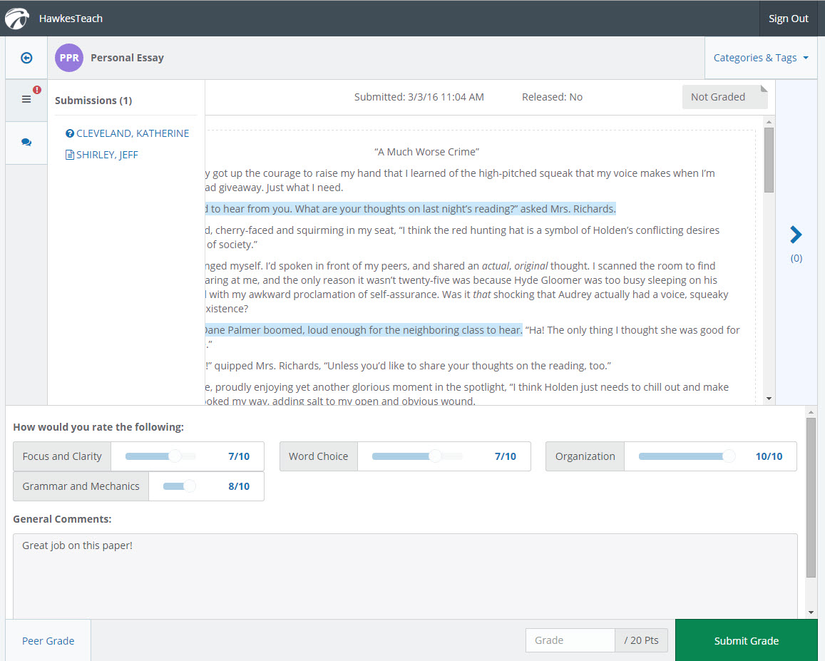 A student's paper is displayed with highlighted text and a rubric panel on the side.