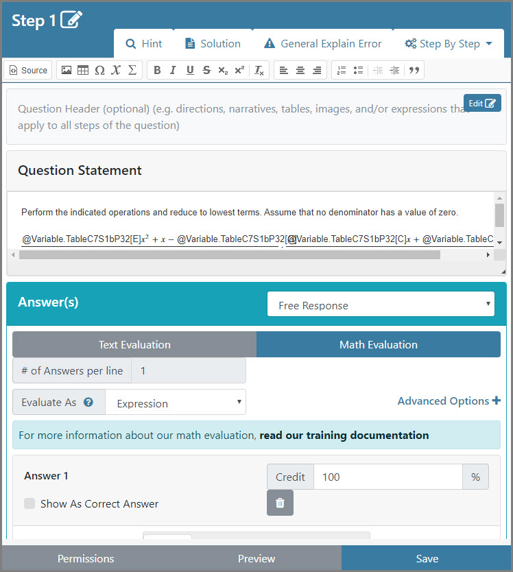 The interface of Question Builder when creating a question. It includes a Question Header, Question Statement, answers, and advanced options for answers.