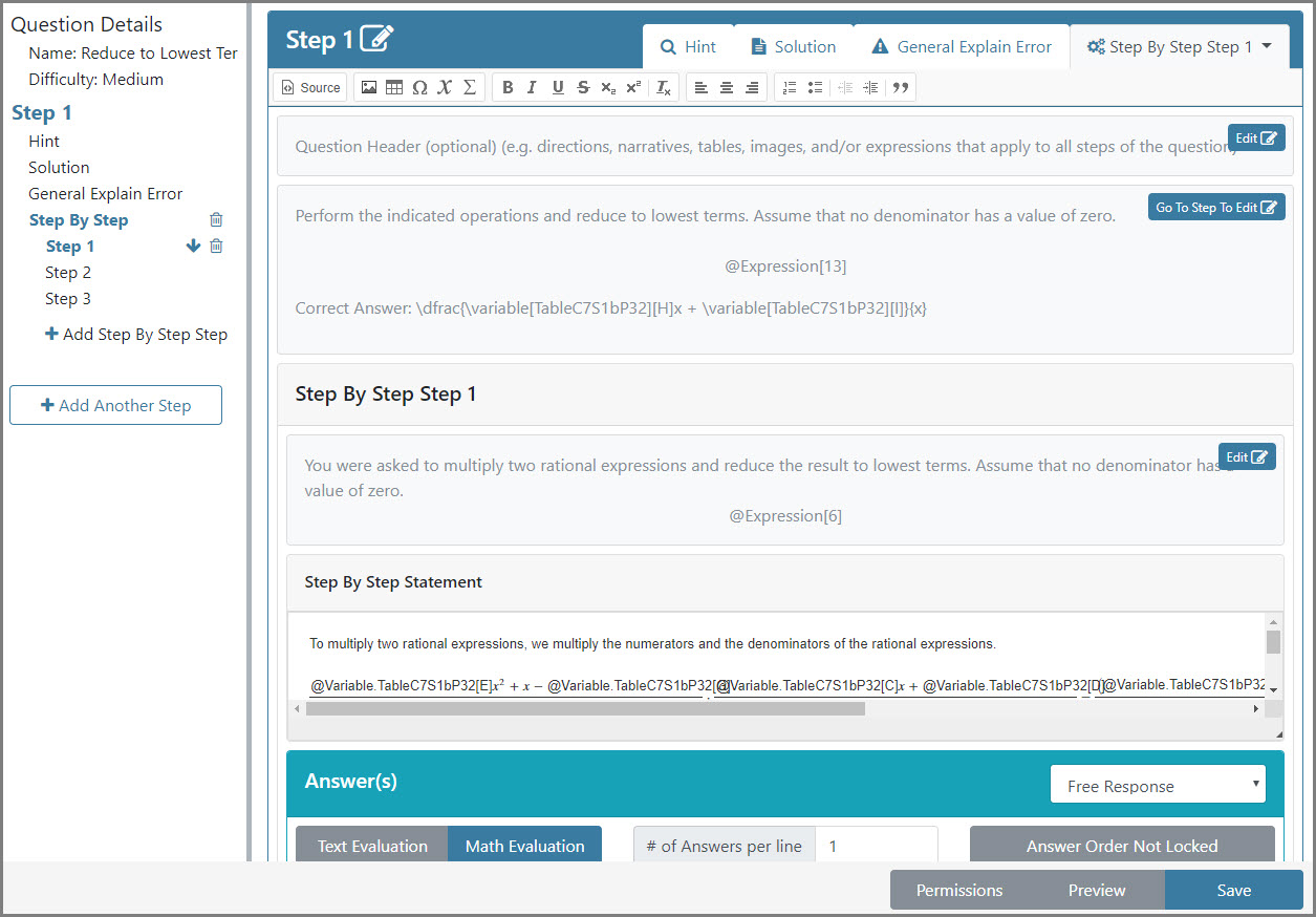 The first step in a Step-by-Step Tutor options, which includes a statement and answer underneath the question.