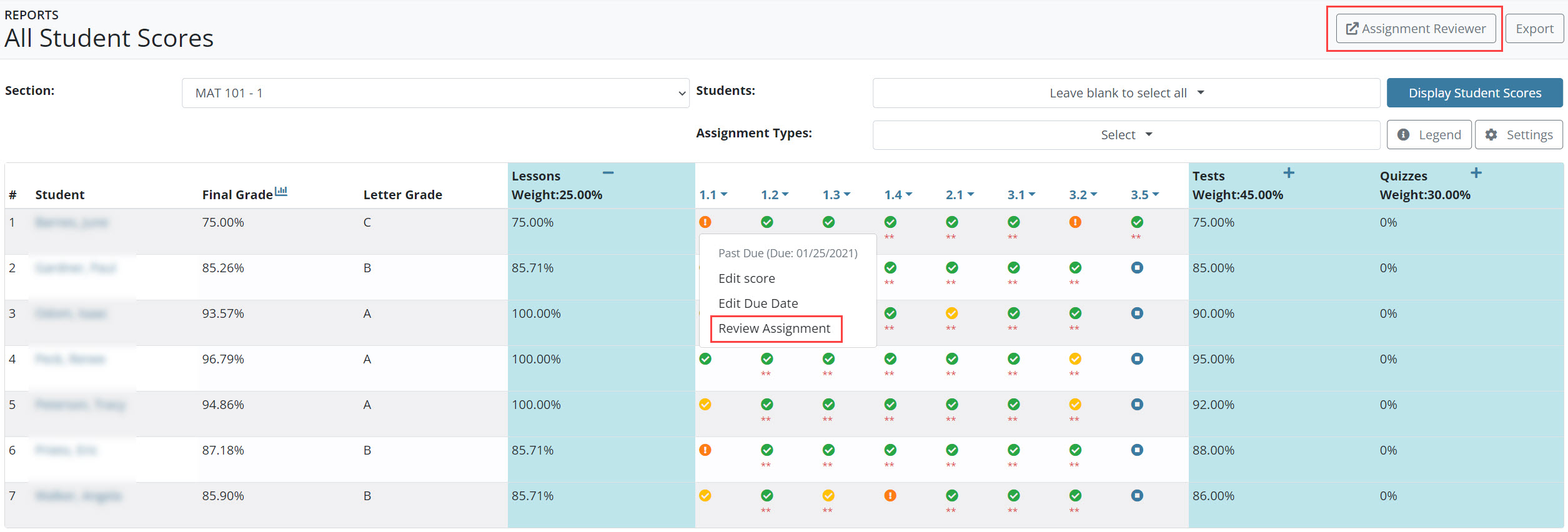 Instructor view of assignment attempts using the Assignment Reviewer tool.
