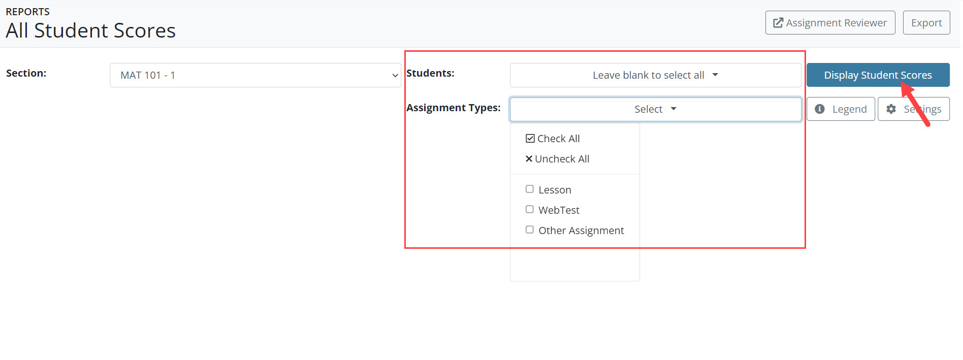 All Student Scores report showing filtered student grades.