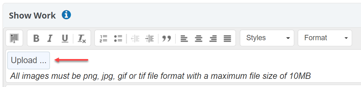 Updated Show Work upload feature with file type information.