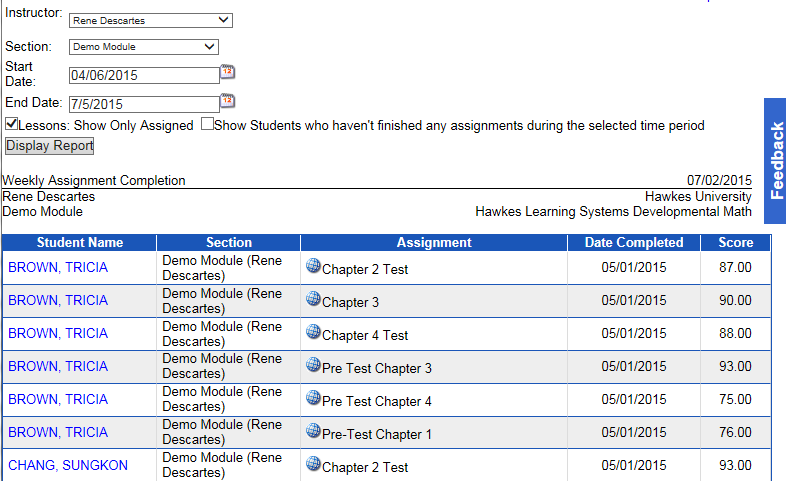 Weekly Assignment Completed Reported