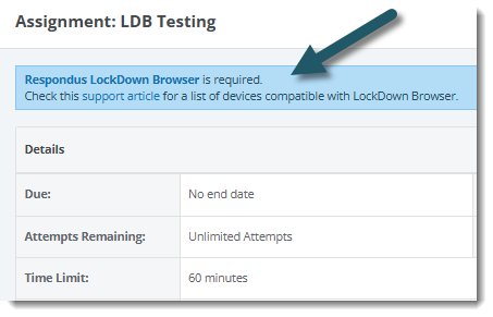 WebTest details page with an arrow pointing to a message that says Respondus LockDown Browser is required.