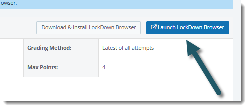 WebTest start page with an arrow pointing to the Launch LockDown Browser button.