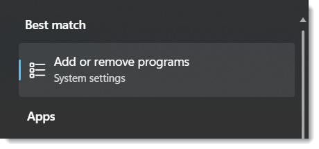 Windows search results showing Add or remove programs under System settings as the best match.