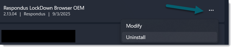 Windows installed apps list with an arrow pointing to the three-dot menu next to Respondus LockDown Browser OEM, showing the Uninstall option.