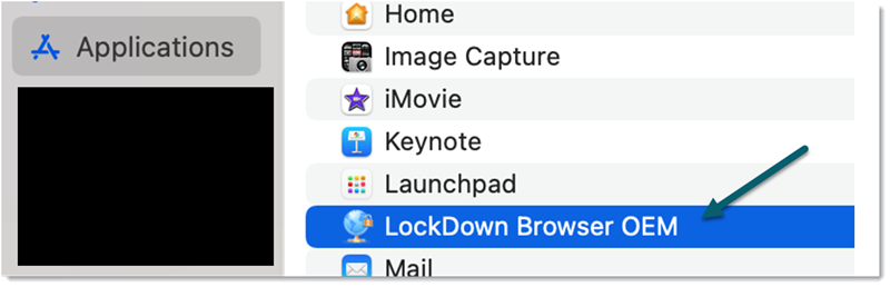 Mac Finder Applications folder with an arrow pointing to LockDown Browser OEM.