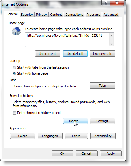 Internet Options Window